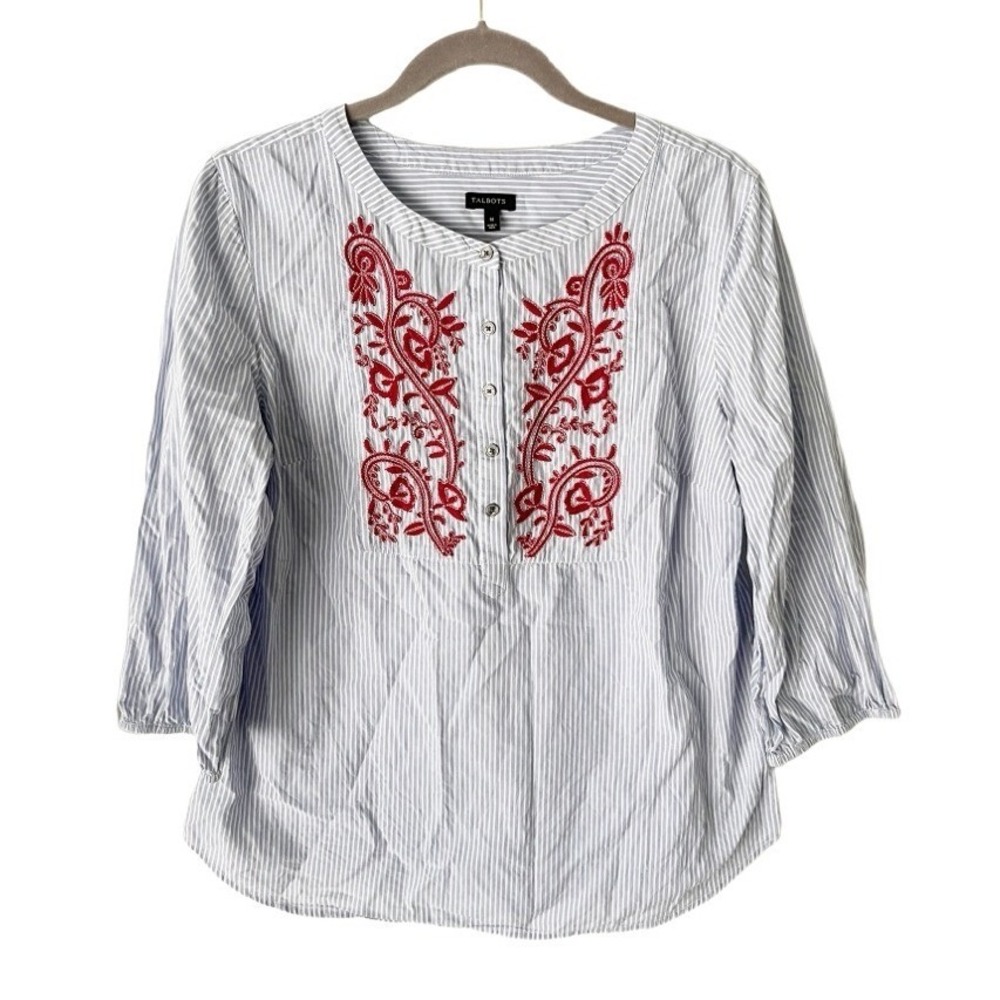 Talbots Striped Embroidered Blouse Medium Coastal Grandmother Preppy Cape Cod